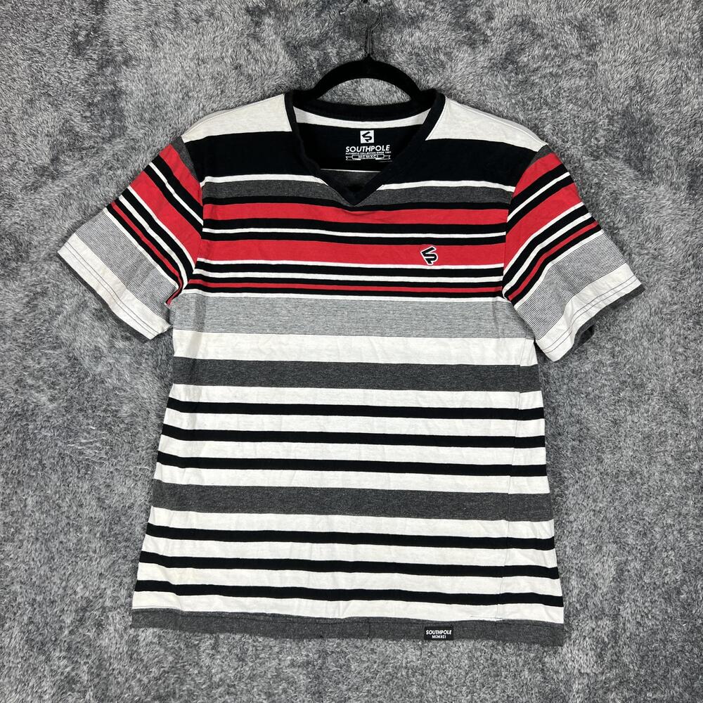 Southpole Shirt Mens S Multicolor V-Neck Short Sleeve Striped Embroidered